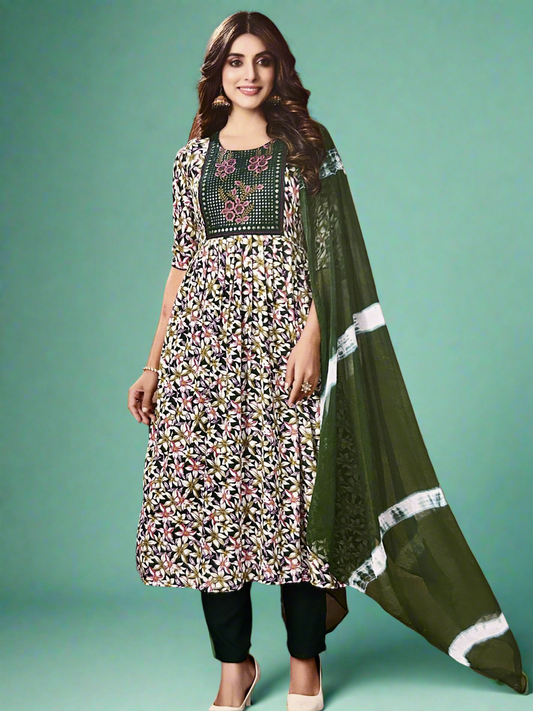 Paavi-Women’s 3-Piece Outfit - Stylish Dupatta, Trouser, and Top Set-(Rifle Green)