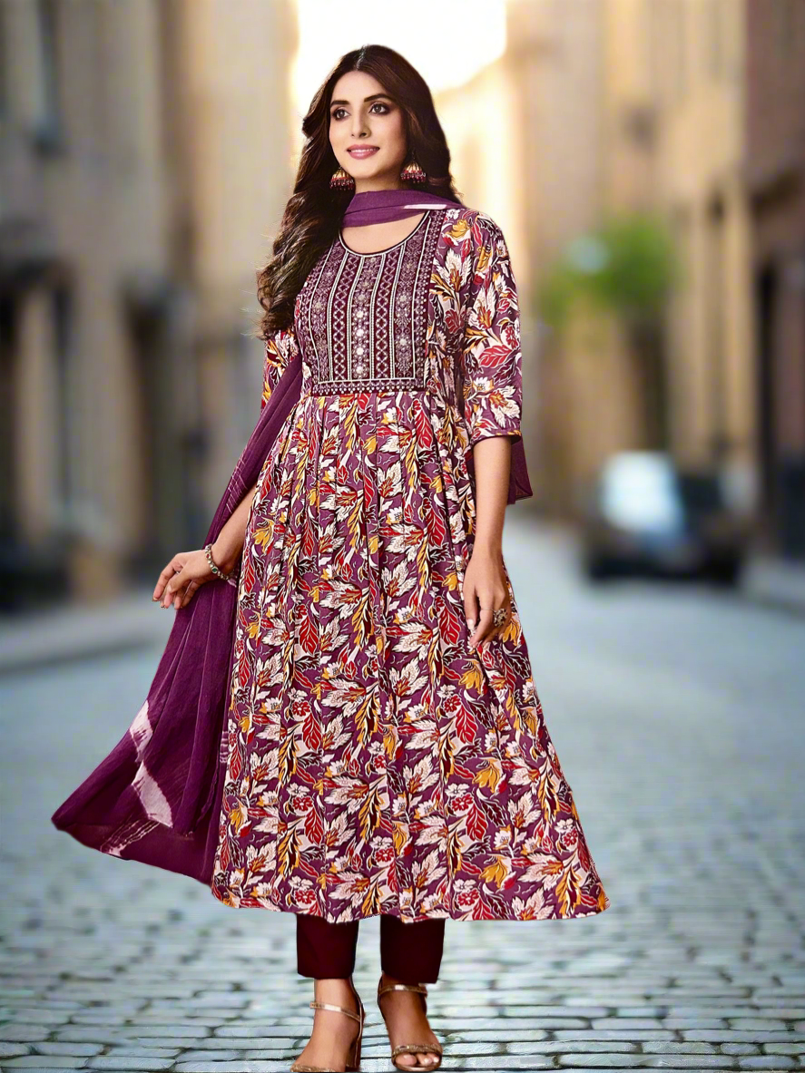 Paavi - Elegant Women’s Floral Three Piece Outfit- Sanaya - Purple