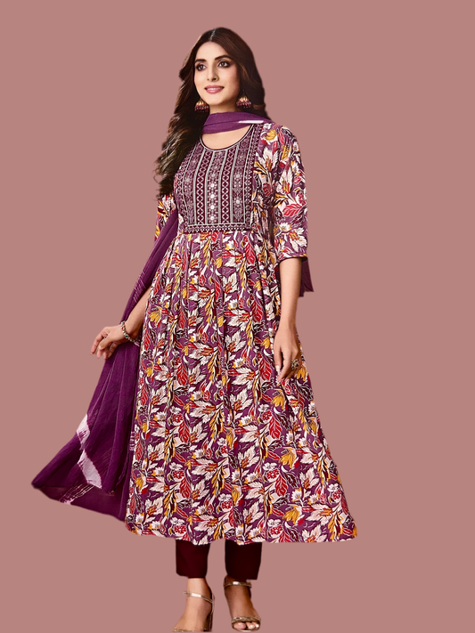 Paavi - Elegant Women’s Floral Three Piece Outfit- Sanaya - Purple