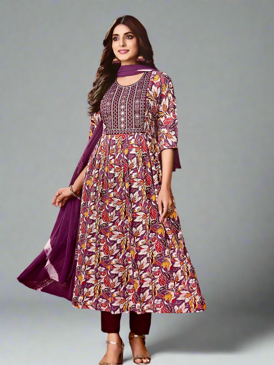 Paavi - Elegant Women’s Floral Three Piece Outfit- Sanaya - Purple