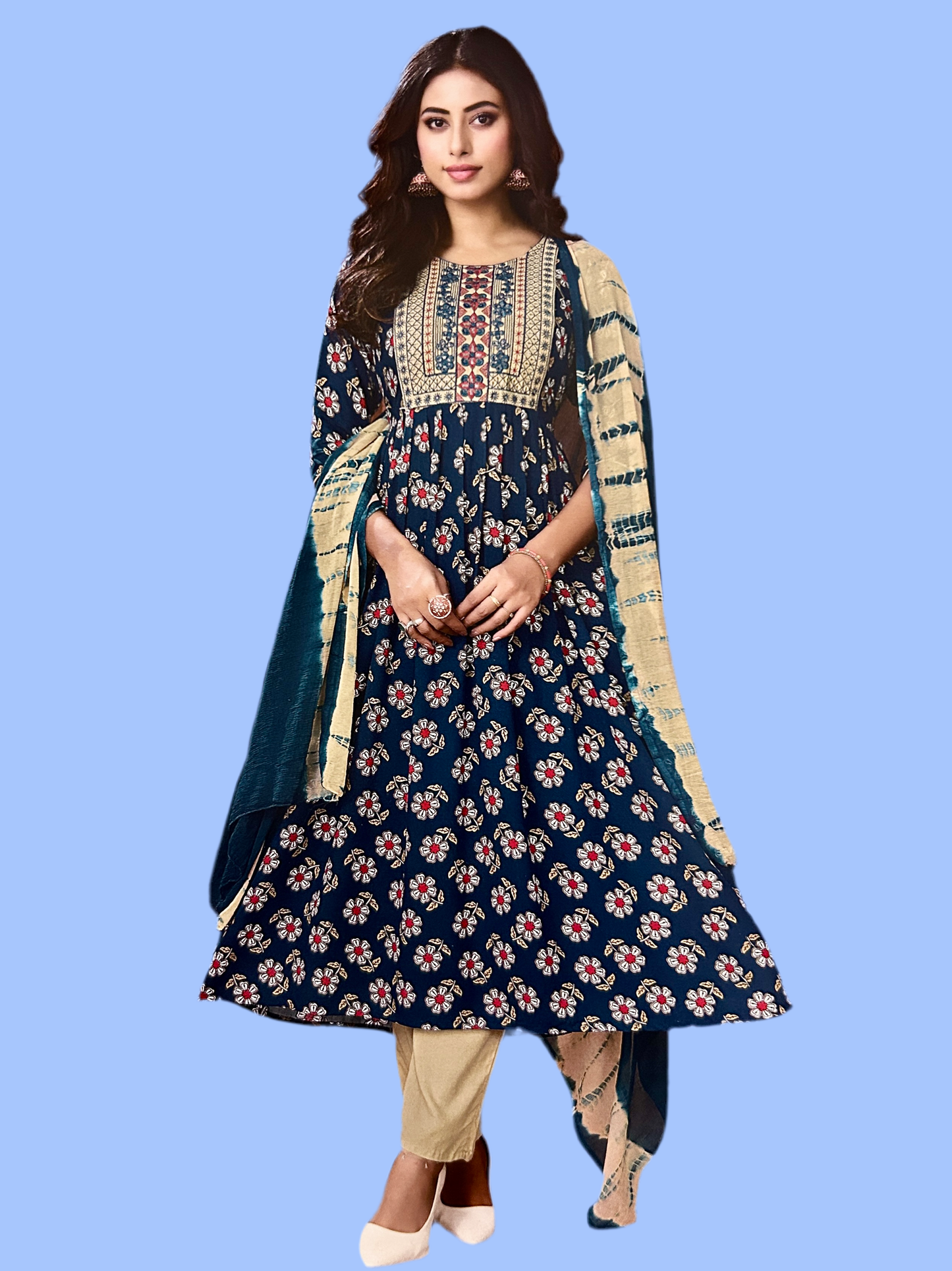 Paavi-Women’s 3-Piece Outfit - Stylish Dupatta, Trouser, and Top Set-(Blue Zodiac)